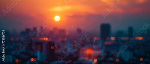 Warm summer sunset glow over urban skyline - golden hour cityscape with blurry rooftop views and bokeh lights for evening celebrations