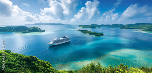 A large cruise ship floating in blue waters. Cruise ship at harbor. Luxury cruise