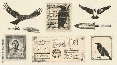 set with vintage postage stamps with crows
