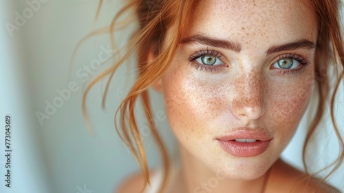 Detailed view of a womans face with visible freckles in her hair