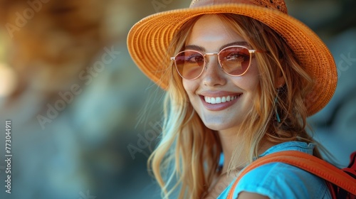 A woman wearing a hat and sunglasses smiles