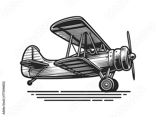 biplane vintage plane, reminiscent of early aviation history sketch engraving generative ai raster illustration. Scratch board imitation. Black and white image.