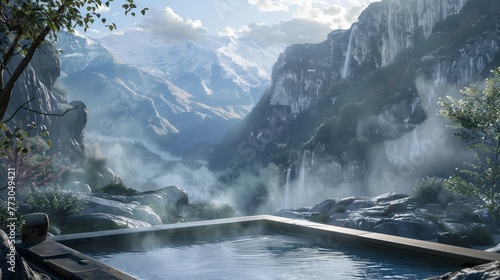A picturesque ski resort nestled in snow-capped mountains, featuring a bubbling hot tub for relaxation. 