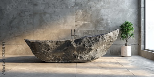 A large bathtub made of stone sits in a bathroom with a window