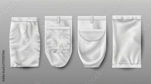 A realistic set of white pocket templates, designed for use on various garments like clothes and bags, presented against a transparent background