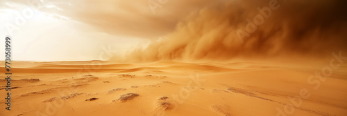 A massive sandstorm engulfs the desert, obscuring the sky and towering over the vast dunes below.