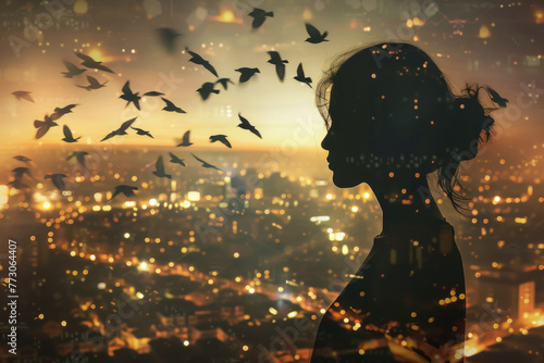 Enchanting Double Exposure Image of Woman’s Silhouette Over Cityscape with Flying Birds