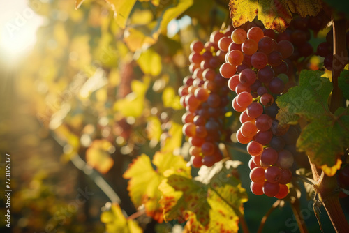 Ripe Grapes on the Vine Bathed in Autumn Sunshine in Vineyard