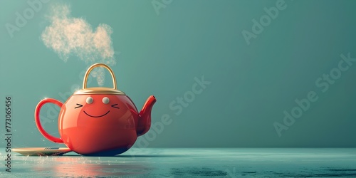a charming red tea kettle character with a smiling face whistling happily as steam rises from its spout