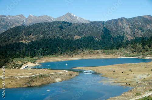 View of penga teng tso lake with scenic landscape and alpine valley in tawang district of arunachal pradesh, north east india