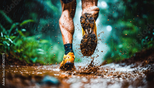Person trail running in the rain, with mud splashing from their shoes, capturing a sense of motion and outdoor adventure.