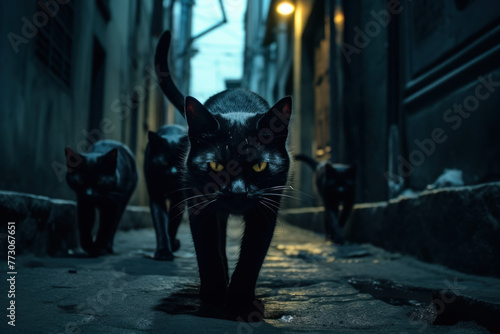 Alleyway Ambush: Black Cats Staring Intensely in the Night