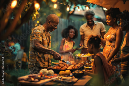 African American Family Enjoying a Festive Barbecue at Night