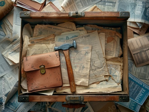 Toolbox with hammer and compass on financial papers, dawn, top view, pragmatic realism