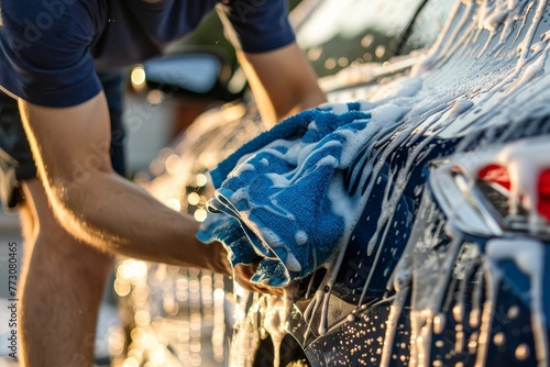 A man washing his car with blue microfiber cloths, close up on the cloth and foam splashing off of it. The scene is bright and sunny, highlighting clean shiny car surfaces.