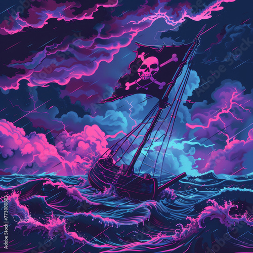 Stormy sea with pirate flag, neon style, stark contrast theme