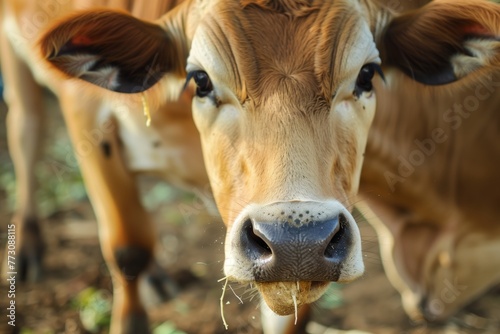 welllit image of cow chewing cud with visible teeth