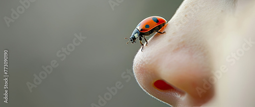 close-up of a ladybug sitting on a human nose