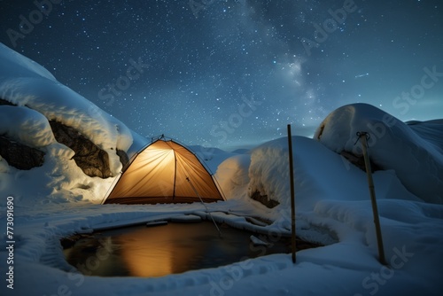 a tent pitched beside a snowy hot spring with stars above