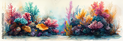 Underwater coral reef, clipcat details, warm watercolors, fish-eye lens view