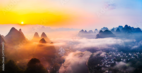 Aerial view of the beautiful karst mountains and cloud natural landscape at sunrise in Guilin, China. panoramic view.