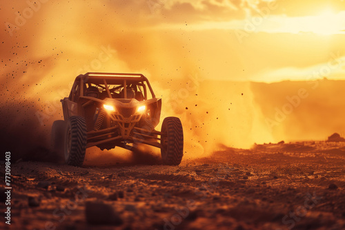 Dynamic image of an off-road buggy speeding on a dusty desert track at sunset, kicking up a cloud of dust. AI Generated.