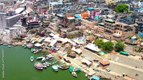 Aerial view of Varanasi ganga ghat and temple 