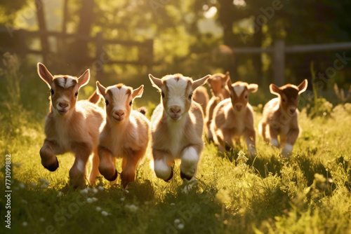 A cluster of playful baby goats frolicking in a sunlit meadow, their tiny hooves leaving imprints on the soft grass as they leap and bound with glee.