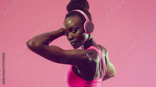Fitness woman showing muscles wearing pink sportswear with headphones on a coral background. Studio health and wellness concept for design and print. Portrait orientation with copy space