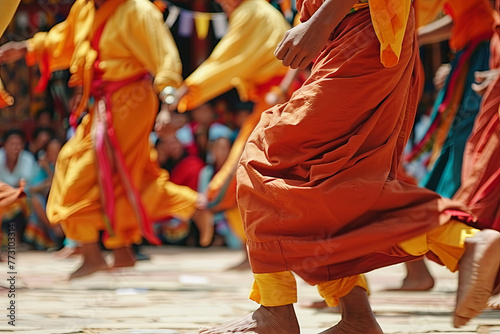 Monks dancing at the Tchechu festival in Ura - Bumthang Valley in Bhutan 