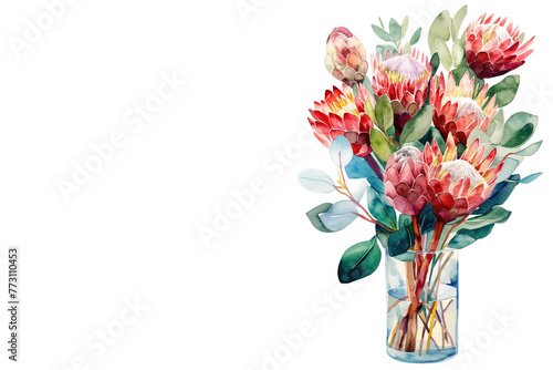 Watercolor exotic protea bouquet in glass vase on white background with copy space. Greeting card template. Mother's Day, Birthday, March 8