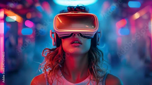  Young Woman in VR glasses futuristic Gaming entertainment concept background AI generated