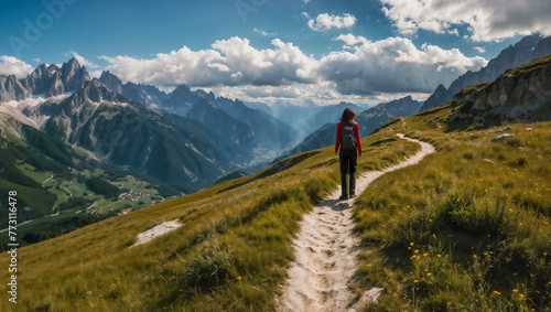 Ragazza cammina durante un trekking estivo in montagna su un sentiero delle Alpi