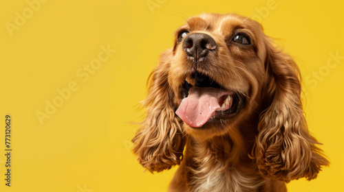 A dog with a tongue sticking out is looking at the camera