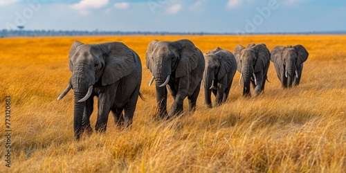 In the vast wilderness of Africa, a majestic herd of elephants roams freely, embodying nature's splendor.
