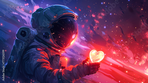 Astronaut floating in space holding glowing heart, love to the universe on valentines day or Cosmonautics day. Greeting card, poster design. environment, Earth protection concept. Copy space