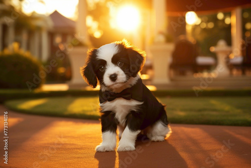 A tiny puppy in an elegant tuxedo, posing with a wagging tail on a sunny orange setting.