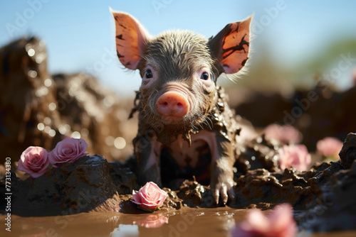 A tiny piglet wearing a flower crown, rolling in the mud against a pink background.