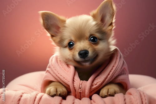 A tiny peach-colored puppy donning a sleek grey sweater, playfully rolling on its back against a soft pink background.