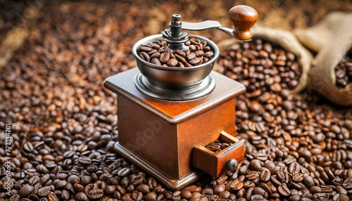 Close-up of an old manual coffee grinder made of metal and wood with roasted coffee beans on background. Horizontal composition. Generative Ai.