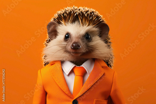 A tiny hedgehog wearing a sophisticated suit, enjoying a cheerful moment on a vibrant orange background.