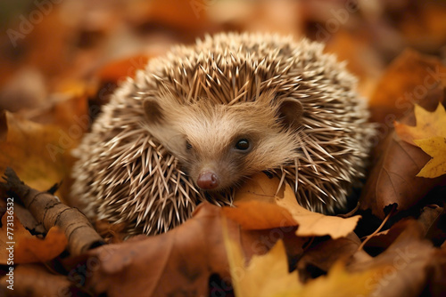 A tiny hedgehog curled into a ball, peacefully napping on a bed of autumn leaves, showcasing the intricate textures of its spiky yet endearing exterior.