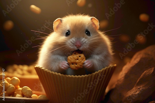 A tiny hamster stuffing its cheeks with seeds, captured mid-chew in exquisite detail, with its tiny paws delicately holding onto the tasty morsels.