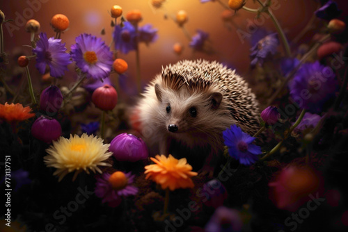A tiny hedgehog curiously sniffing a vibrant flower while surrounded by darkness.