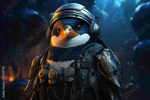 A technologically advanced penguin with electronic enhancements against a solid blue canvas, waddling in the snow and embodying the fusion of nature and innovation.