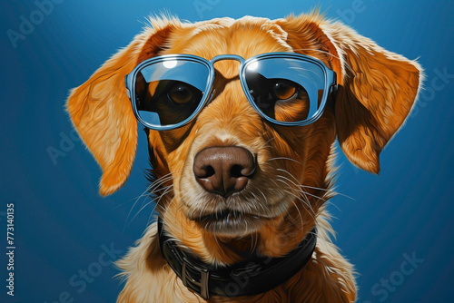 A sweet yellow Labrador puppy wearing oversized glasses, sitting attentively on a solid blue surface.
