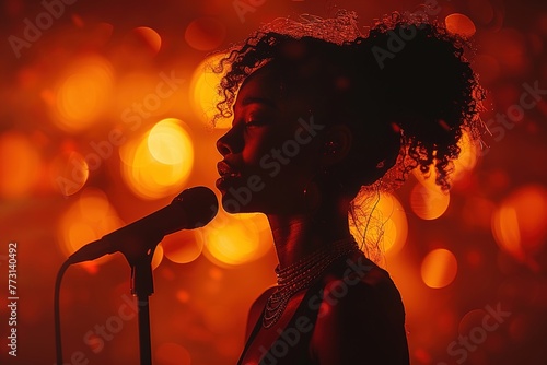 Silhouette of a jazz singer performing on a concert, orange isolated background