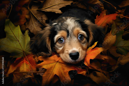 A sweet puppy with floppy ears rolling around in a pile of colorful leaves on a dark background.