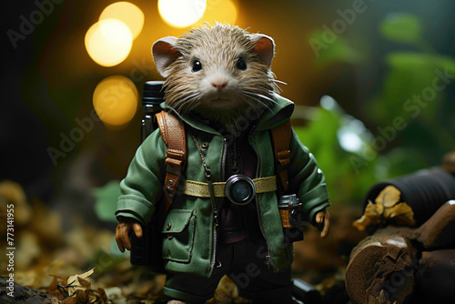 A sweet guinea pig adorned in fashionable clothing, exploring a green background with curiosity, creating an adorable and high-quality composition.