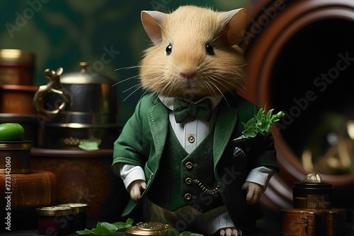A sweet guinea pig adorned in fashionable clothing, exploring a green background with curiosity, creating an adorable and high-quality composition.